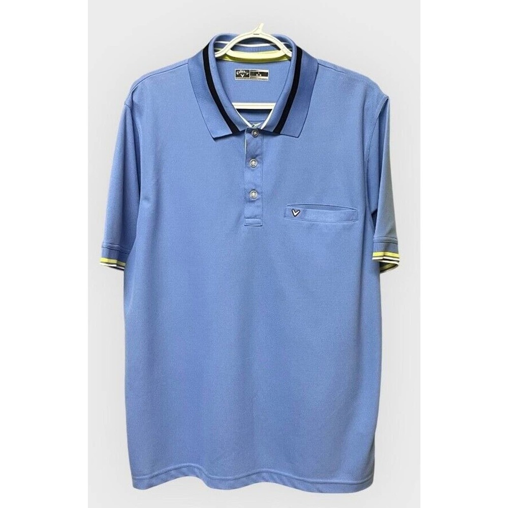 Callaway Polo‎ Shirt Mens Sz L Blue w/ Blk, Yellow & White Stripes Front Pocket
